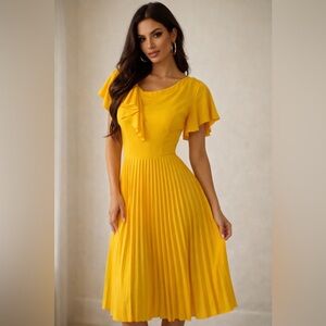 Chic Yellow/ Mustard Pleated Midi Dress